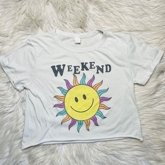 Groovy Sunny Weekend Short Sleeve Cropped Shirt White Yellow Medium - Picture 1 of 4